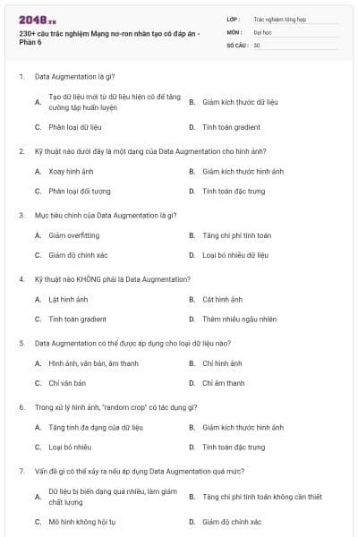 230+ câu trắc nghiệm Mạng nơ-ron nhân tạo có đáp án - Phần 6