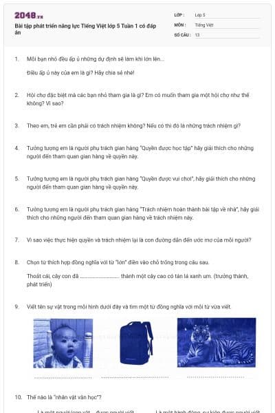 Bài tập phát triển năng lực Tiếng Việt lớp 5 Tuần 1 có đáp án