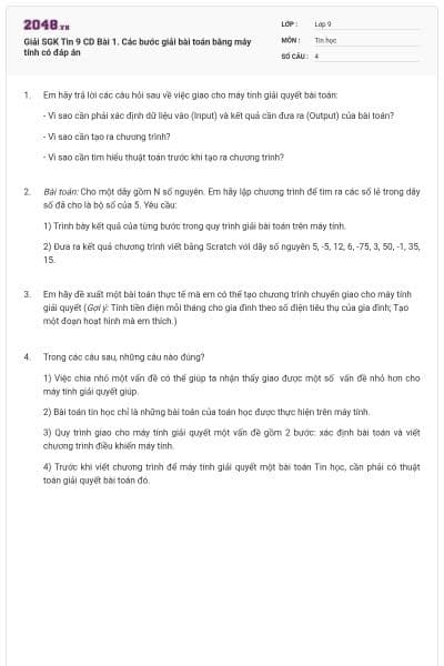 Giải SGK Tin 9 CD Bài 1. Các bước giải bài toán bằng máy tính có đáp án