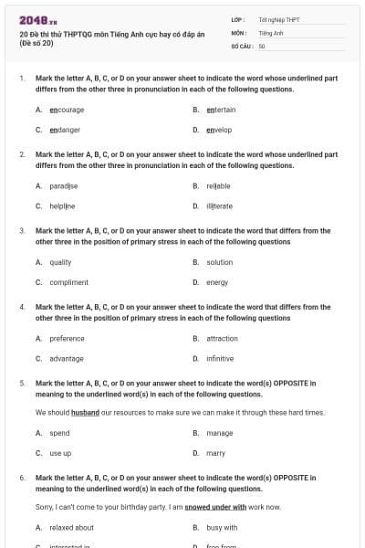 20 Đề thi thử THPTQG môn Tiếng Anh cực hay có đáp án (Đề số 20)