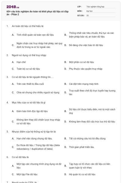 60+ câu trắc nghiệm An toàn và khôi phục dữ liệu có đáp án - Phần 2