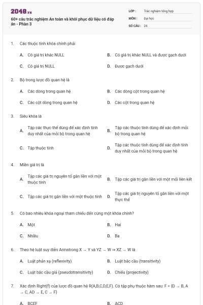 60+ câu trắc nghiệm An toàn và khôi phục dữ liệu có đáp án - Phần 3