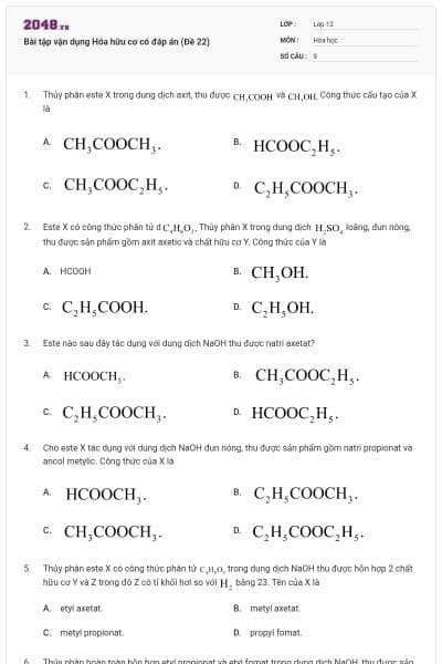 Bài tập vận dụng Hóa hữu cơ có đáp án (Đề 22)