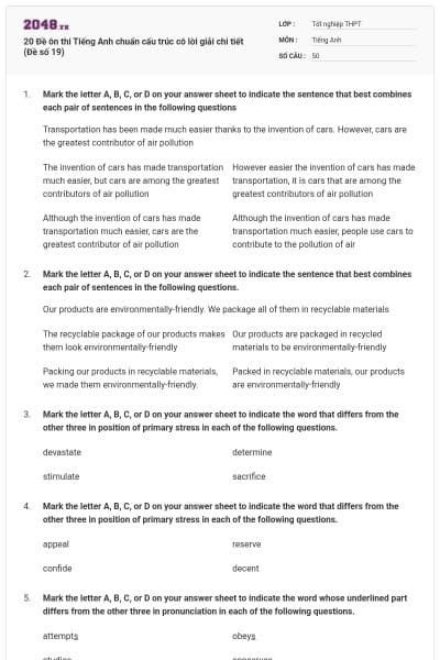 20 Đề ôn thi Tiếng Anh chuẩn cấu trúc có lời giải chi tiết (Đề số 19)