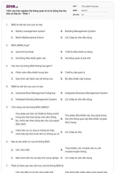 160+ câu trắc nghiệm Hệ thống quản lý và tự động hóa tòa nhà có đáp án - Phần 1