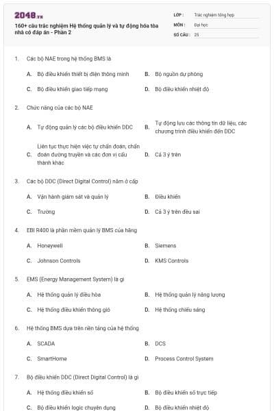 160+ câu trắc nghiệm Hệ thống quản lý và tự động hóa tòa nhà có đáp án - Phần 2