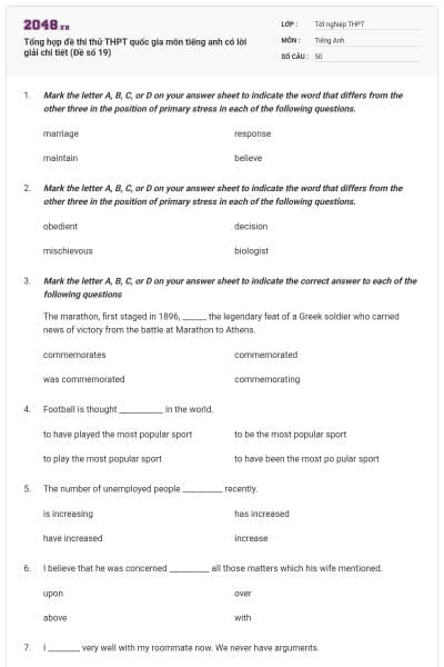Tổng hợp đề thi thử THPT quốc gia môn tiếng anh có lời giải chi tiết (Đề số 19)
