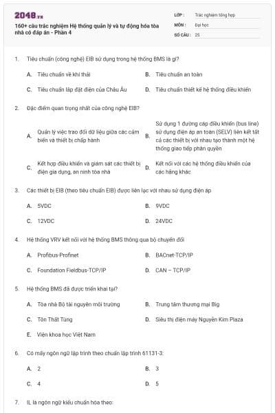 160+ câu trắc nghiệm Hệ thống quản lý và tự động hóa tòa nhà có đáp án - Phần 4