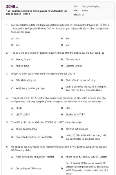 160+ câu trắc nghiệm Hệ thống quản lý và tự động hóa tòa nhà có đáp án - Phần 5