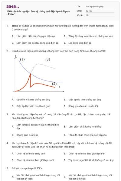160+ câu trắc nghiệm Bảo vệ chống quá điện áp có đáp án - Phần 1