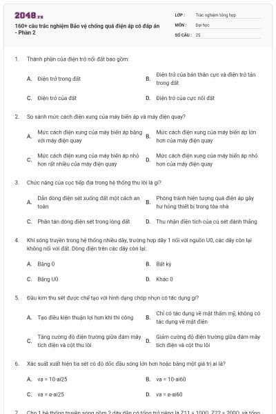 160+ câu trắc nghiệm Bảo vệ chống quá điện áp có đáp án - Phần 2