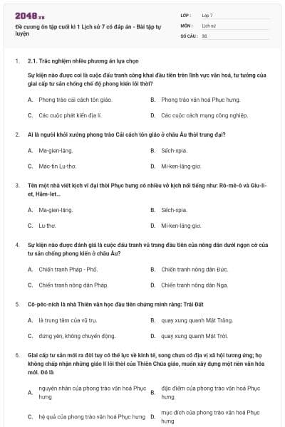 Đề cương ôn tập cuối kì 1 Lịch sử 7 có đáp án - Bài tập tự luyện