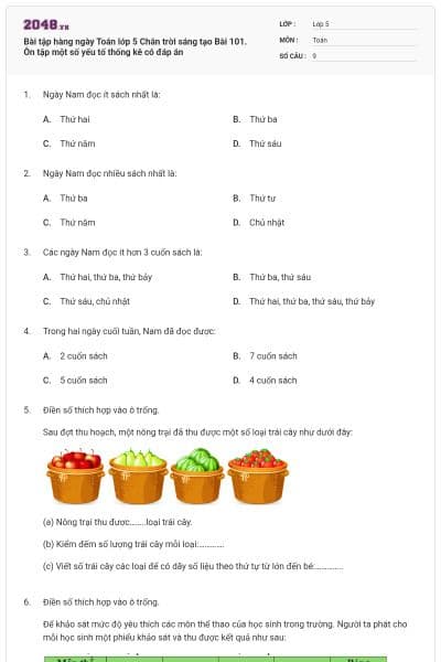 Bài tập hàng ngày Toán lớp 5 Chân trời sáng tạo Bài 101. Ôn tập một số yếu tố thống kê có đáp án