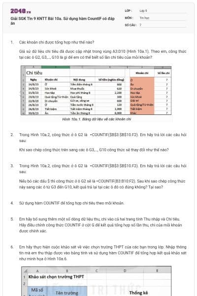 Giải SGK Tin 9 KNTT Bài 10a. Sử dụng hàm CountIF có đáp án