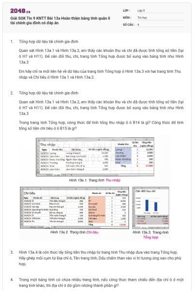 Giải SGK Tin 9 KNTT Bài 13a Hoàn thiện bảng tính quản lí tài chính gia đình có đáp án