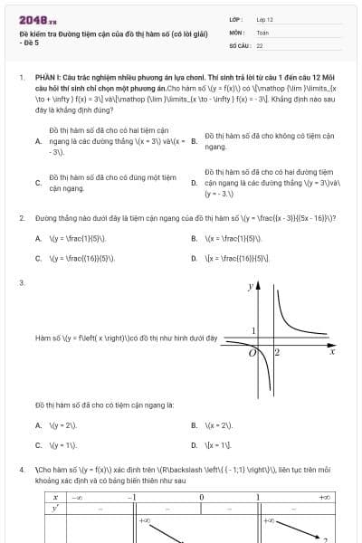 Đề kiểm tra Đường tiệm cận của đồ thị hàm số (có lời giải) - Đề 5
