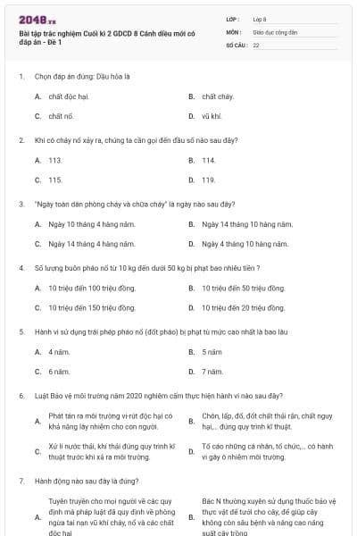 Bài tập trắc nghiệm Cuối kì 2 GDCD 8 Cánh diều mới có đáp án - Đề 1