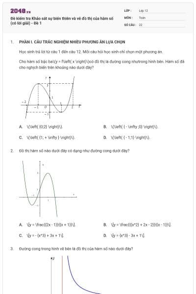 Đề kiểm tra Khảo sát sự biến thiên và vẽ đồ thị của hàm số (có lời giải) - Đề 1