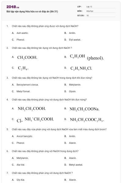 Bài tập vận dụng Hóa hữu cơ có đáp án (Đề 31)