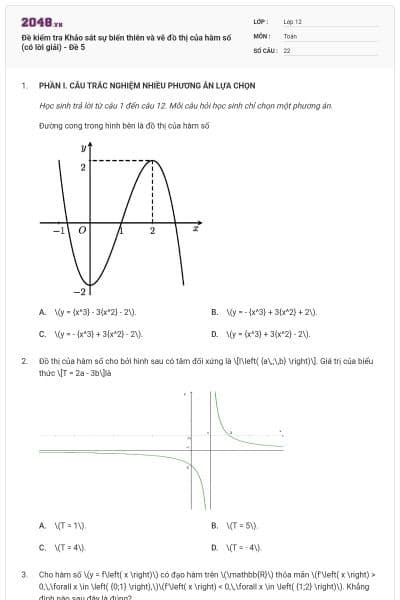 Đề kiểm tra Khảo sát sự biến thiên và vẽ đồ thị của hàm số (có lời giải) - Đề 5