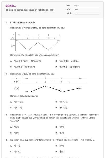 Đề kiểm tra Bài tập cuối chương 1 (có lời giải) - Đề 1