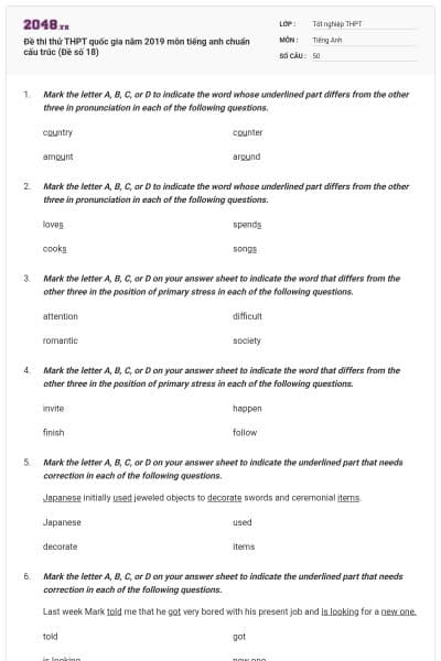 Đề thi thử THPT quốc gia năm 2019 môn tiếng anh chuẩn cấu trúc (Đề số 18)