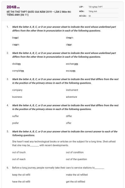 ĐỀ THI THỬ THPT QUỐC GIA NĂM 2019 – LẦN 2 Môn thi: TIẾNG ANH (Đề 11)