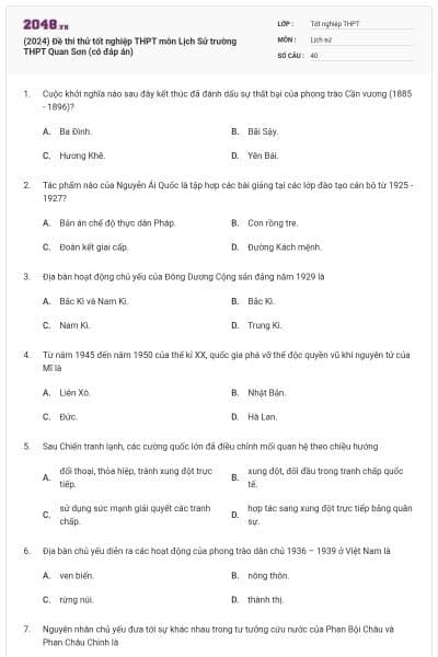 (2024) Đề thi thử tốt nghiệp THPT môn Lịch Sử trường THPT Quan Sơn (có đáp án)