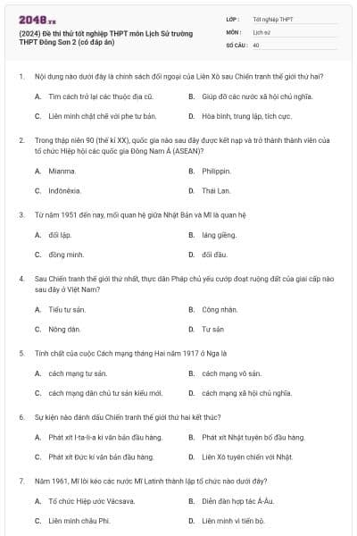 (2024) Đề thi thử tốt nghiệp THPT môn Lịch Sử trường THPT Đông Sơn 2 (có đáp án)