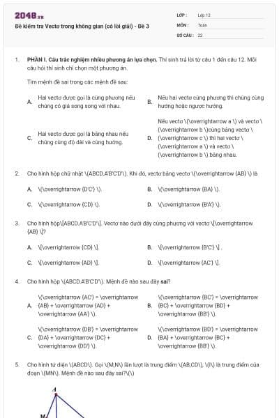 Đề kiểm tra Vectơ trong không gian (có lời giải) - Đề 3