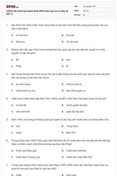 (2024) Đề minh họa tham khảo BGD môn Lịch sử có đáp án (Đề 1)