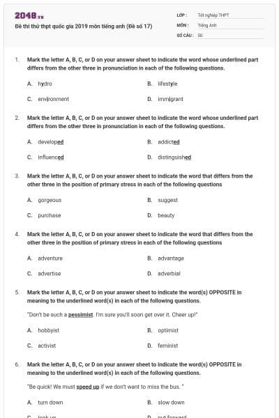Đề thi thử thpt quốc gia 2019 môn tiếng anh (Đề số 17)