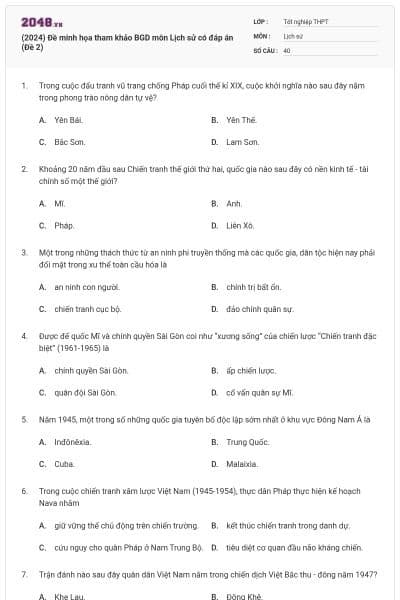 (2024) Đề minh họa tham khảo BGD môn Lịch sử có đáp án (Đề 2)
