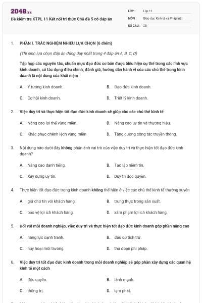 Đề kiểm tra KTPL 11 Kết nối tri thức Chủ đề 5 có đáp án
