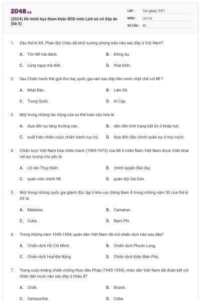 (2024) Đề minh họa tham khảo BGD môn Lịch sử có đáp án (Đề 5)