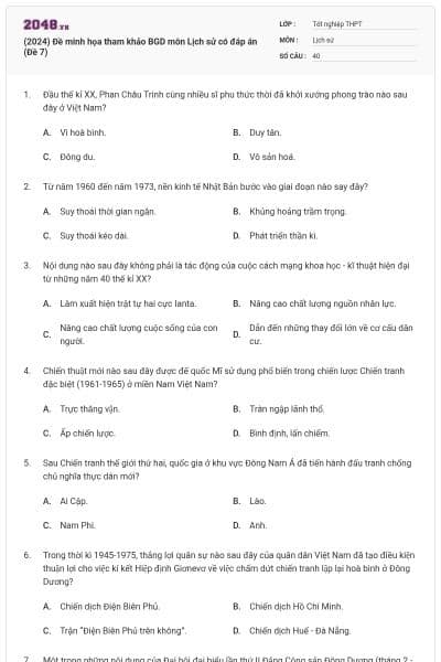 (2024) Đề minh họa tham khảo BGD môn Lịch sử có đáp án (Đề 7)