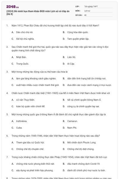 (2024) Đề minh họa tham khảo BGD môn Lịch sử có đáp án (Đề 8)
