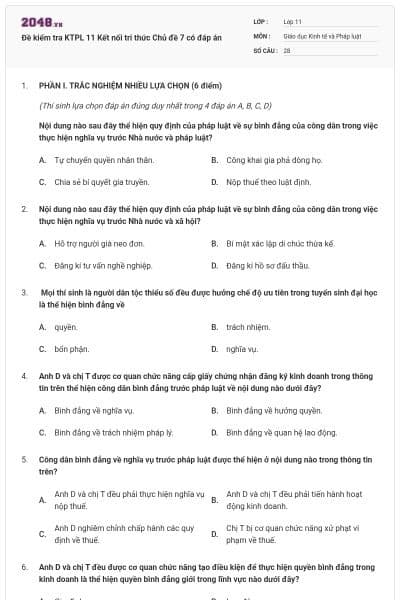 Đề kiểm tra KTPL 11 Kết nối tri thức Chủ đề 7 có đáp án