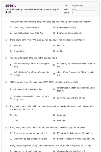 (2024) Đề minh họa tham khảo BGD môn Lịch sử có đáp án (Đề 9)