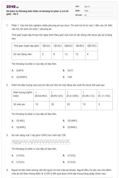 Đề kiểm tra Khoảng biến thiên và khoảng tứ phân vị (có lời giải) - Đề 5