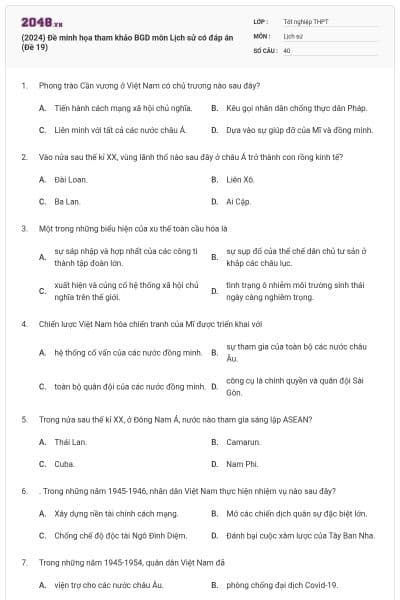 (2024) Đề minh họa tham khảo BGD môn Lịch sử có đáp án (Đề 19)