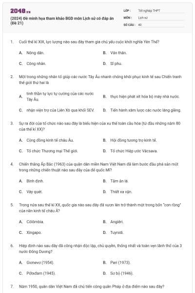 (2024) Đề minh họa tham khảo BGD môn Lịch sử có đáp án (Đề 21)