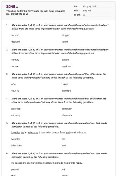 Tổng hợp đề thi thử THPT quốc gia môn tiếng anh có lời giải chi tiết (Đề số 20)