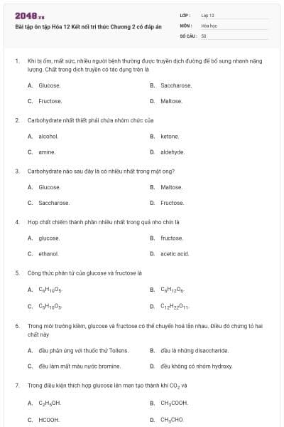 Bài tập ôn tập Hóa 12 Kết nối tri thức Chương 2 có đáp án