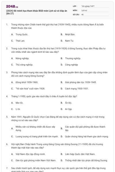 (2024) Đề minh họa tham khảo BGD môn Lịch sử có đáp án (Đề 27)