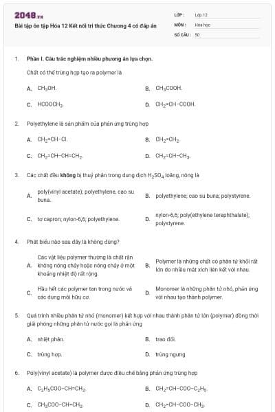 Bài tập ôn tập Hóa 12 Kết nối tri thức Chương 4 có đáp án