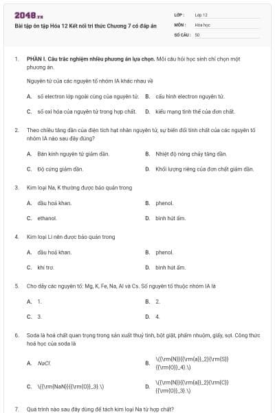 Bài tập ôn tập Hóa 12 Kết nối tri thức Chương 7 có đáp án