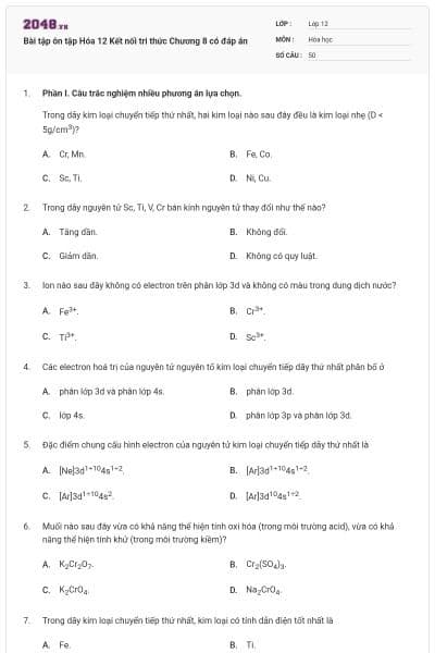 Bài tập ôn tập Hóa 12 Kết nối tri thức Chương 8 có đáp án