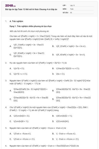 Bài tập ôn tập Toán 12 Kết nối tri thức Chương 4 có đáp án