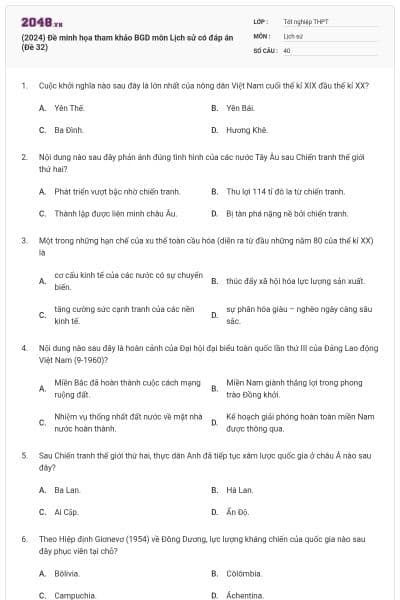 (2024) Đề minh họa tham khảo BGD môn Lịch sử có đáp án (Đề 32)